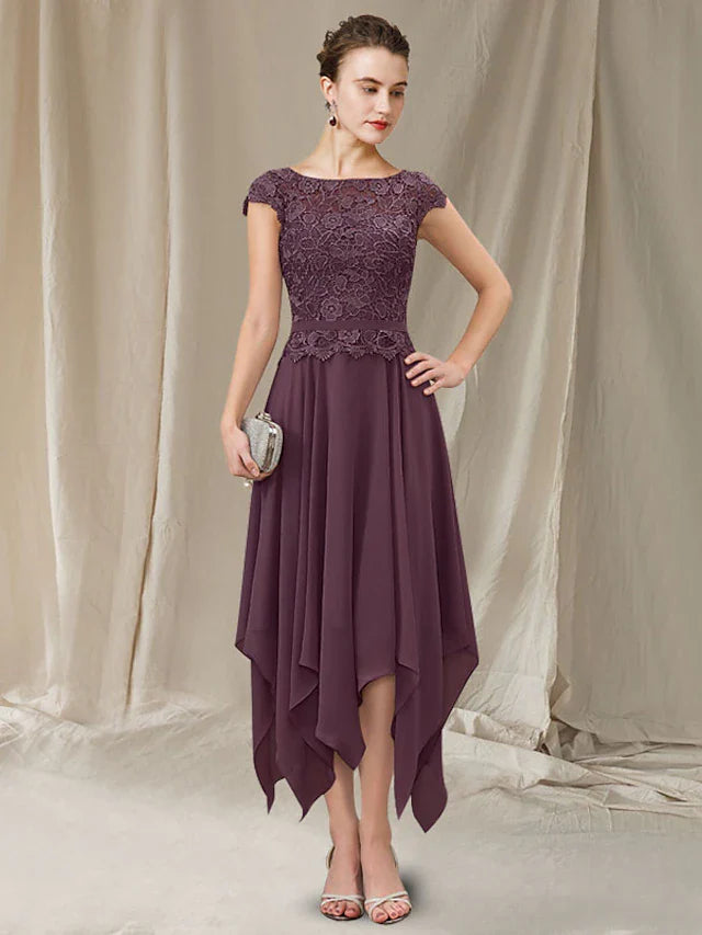 Wholesale A-Line Mother of the Bride Dress Elegant High Low Jewel Neck Asymmetrical Tea Length Chiffon Lace Short Sleeve with Appliques